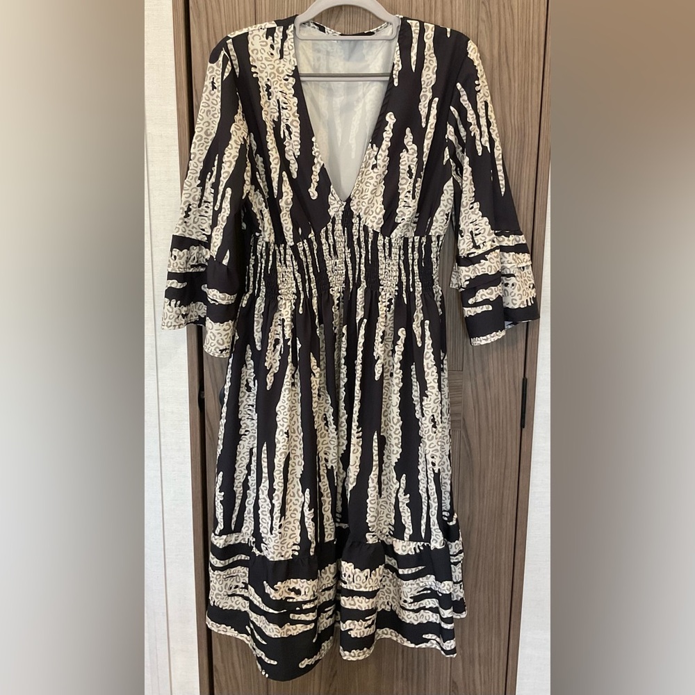 Composition Womens 3/4 Sleeve Elastic Waist Black & White V Neck Dress Size L
